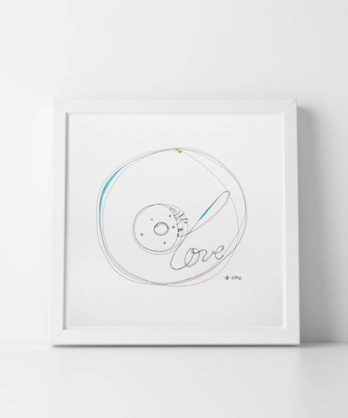 Ilustracion de arte original sobre lactancia y maternidad, de color blanco, negro y azul titulado "Milk and love" de la artista emegrande para decoracion y regalo
