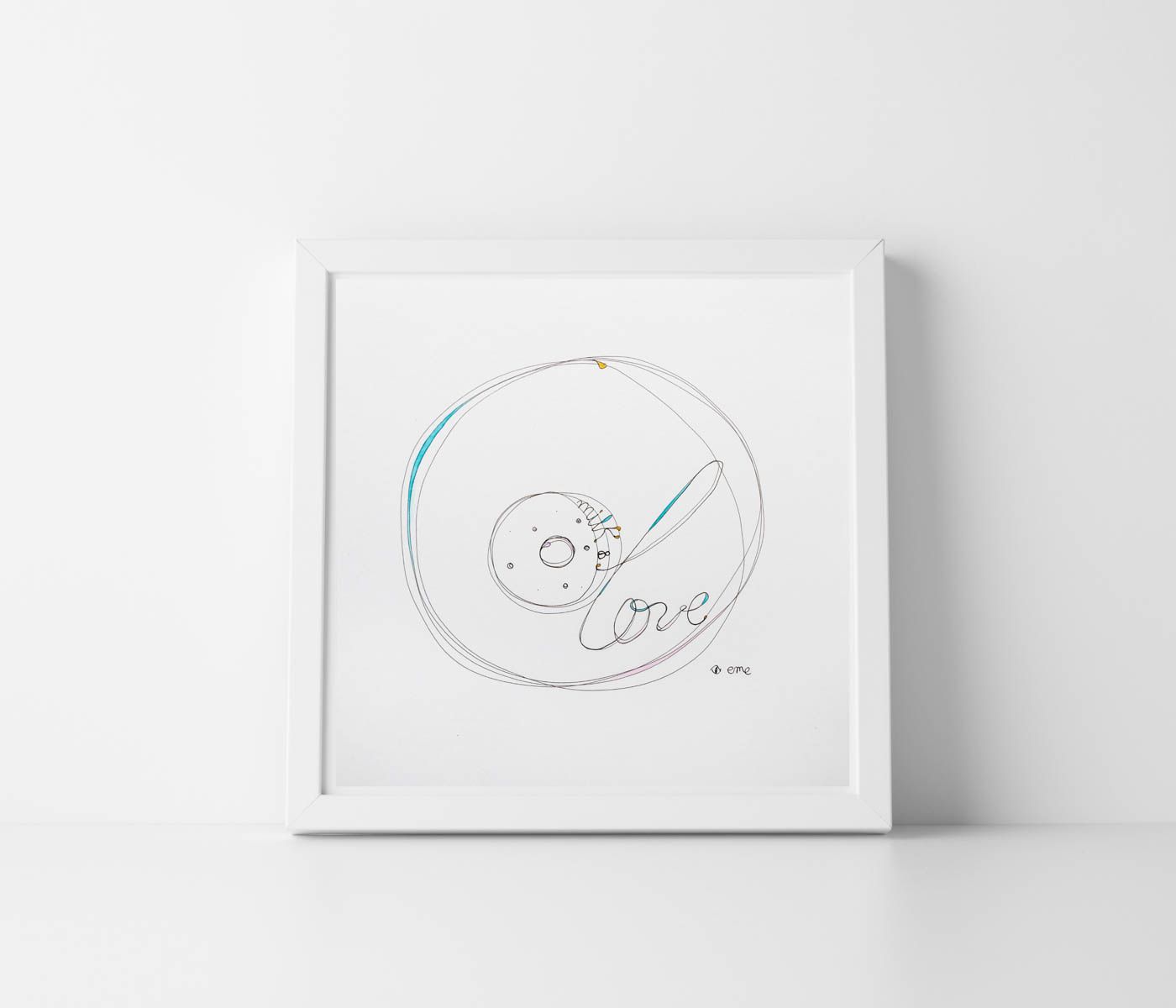 Ilustracion de arte original sobre lactancia y maternidad, de color blanco, negro y azul titulado "Milk and love" de la artista emegrande para decoracion y regalo