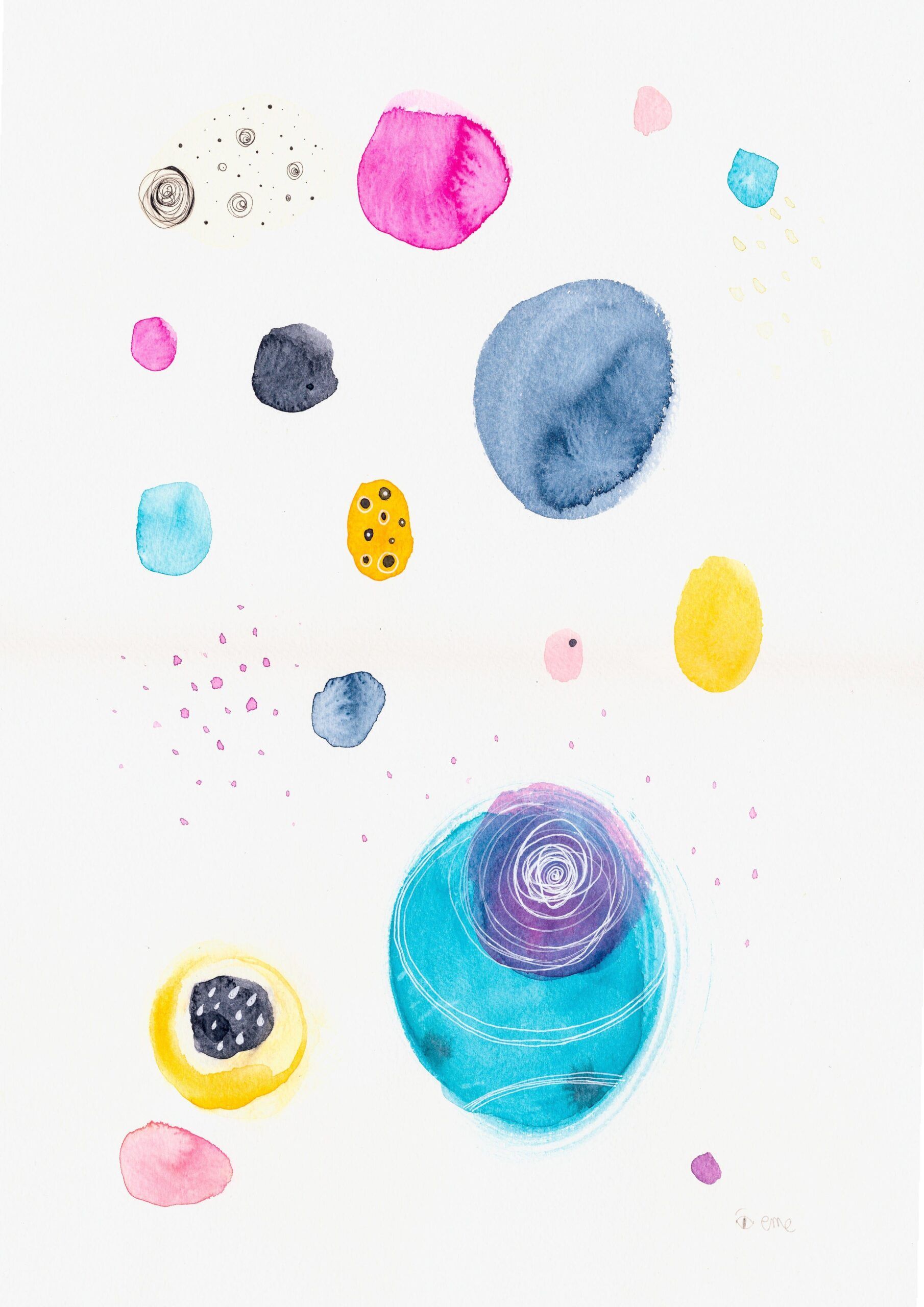 acuarela abstracta moderna original con colores azules naranjas y rosas titulada "Vivid" de emegrande. Pieza de la derecha de una composición de dos partes.