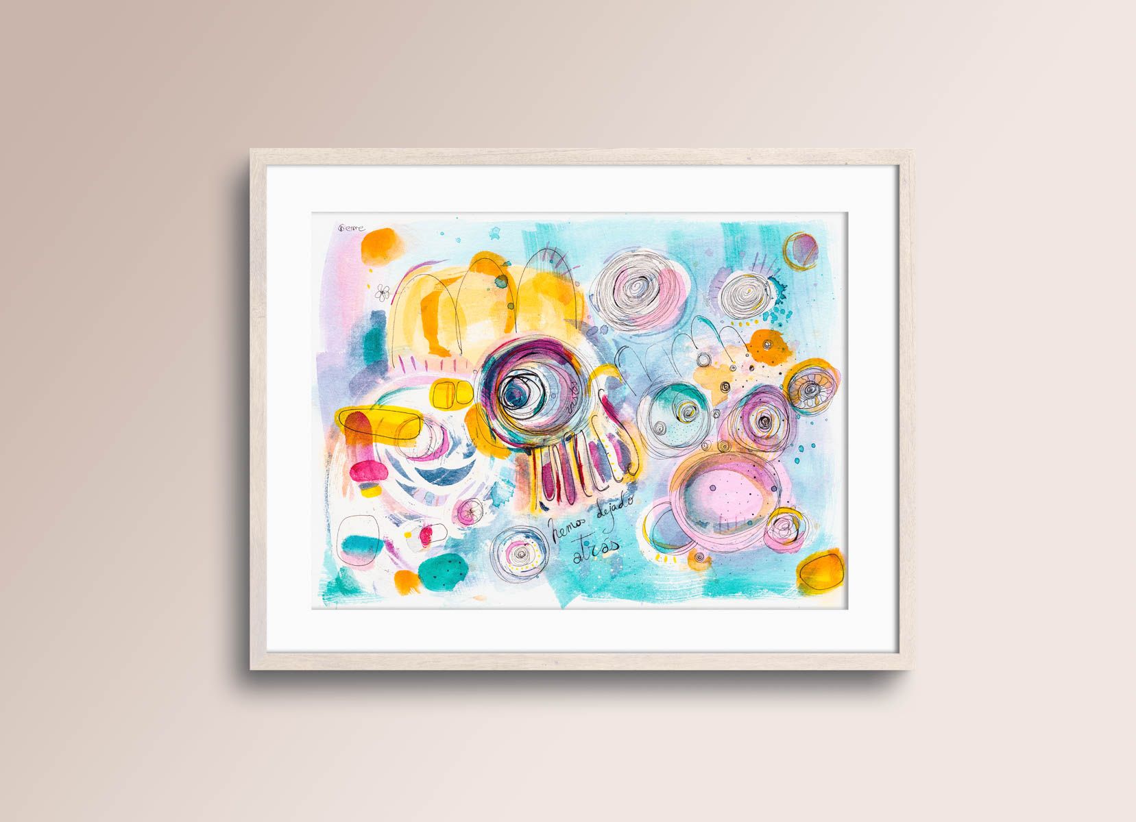 Acuarela abstracta moderna original con color azul, amarillo y rosa titulada "Vastos túneles" de emegrande. Arte para pared