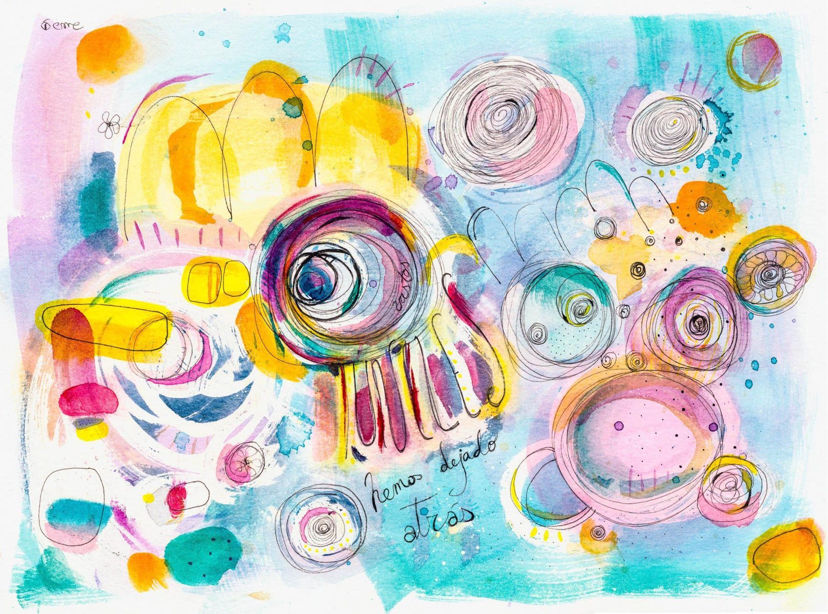 Acuarela abstracta moderna original con color azul, amarillo y rosa titulada "Vastos túneles" de emegrande.