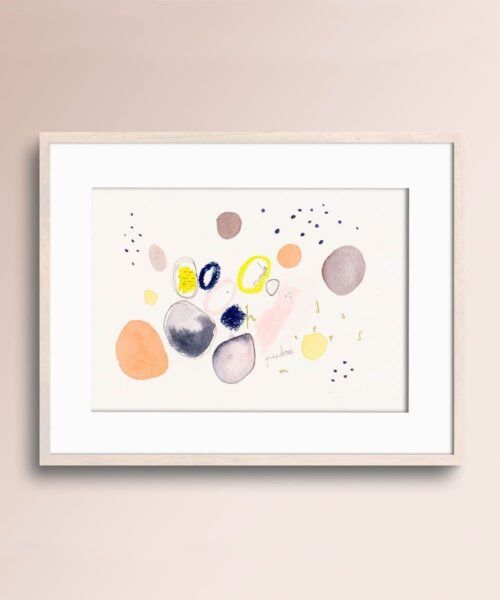 Acuarela abstracta moderna original con colores azul, amarillo, dorado titulada "Mundo de piedras" de emegrande enmarcada