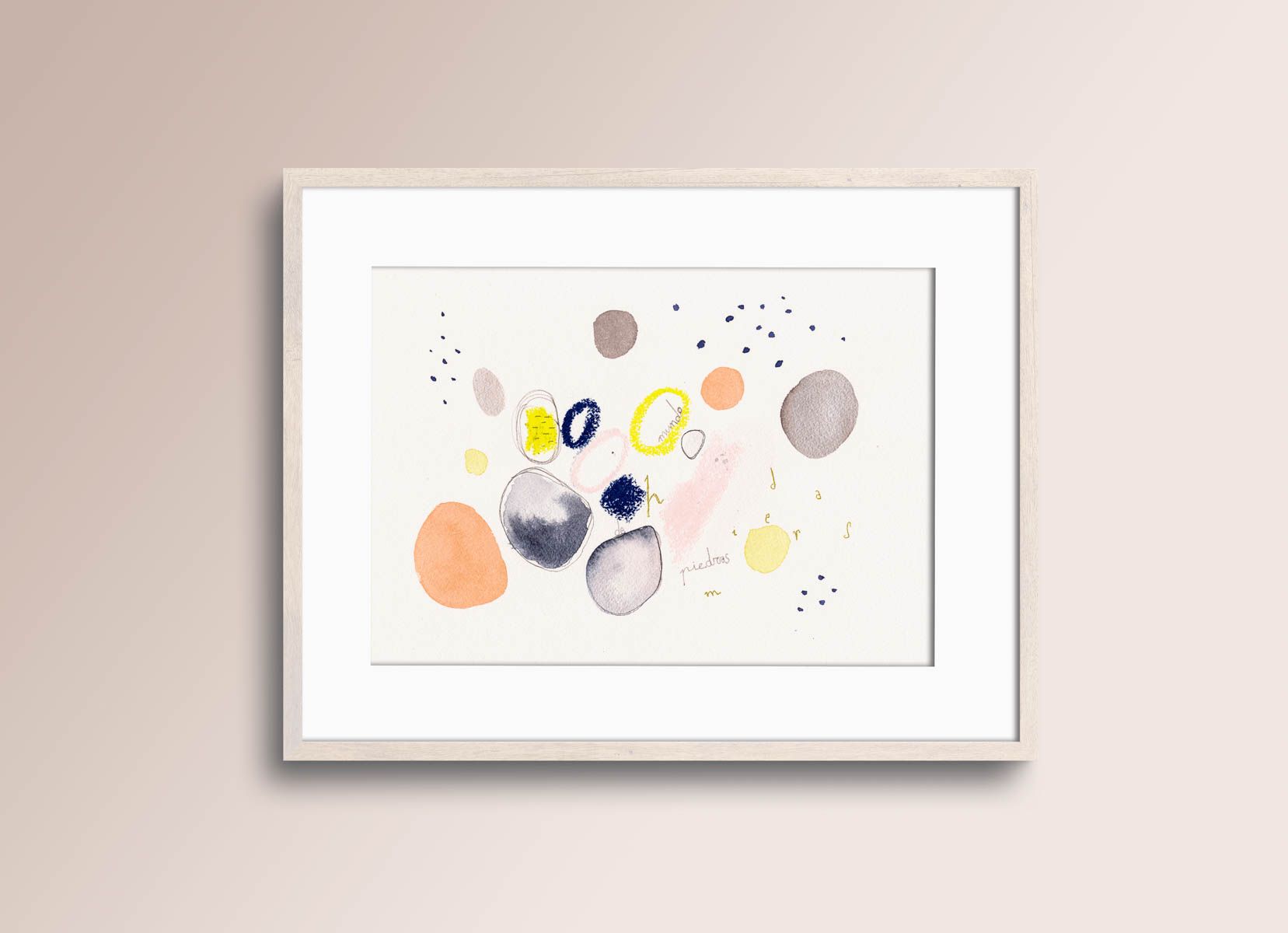 Acuarela abstracta moderna original con colores azul, amarillo, dorado titulada "Mundo de piedras" de emegrande