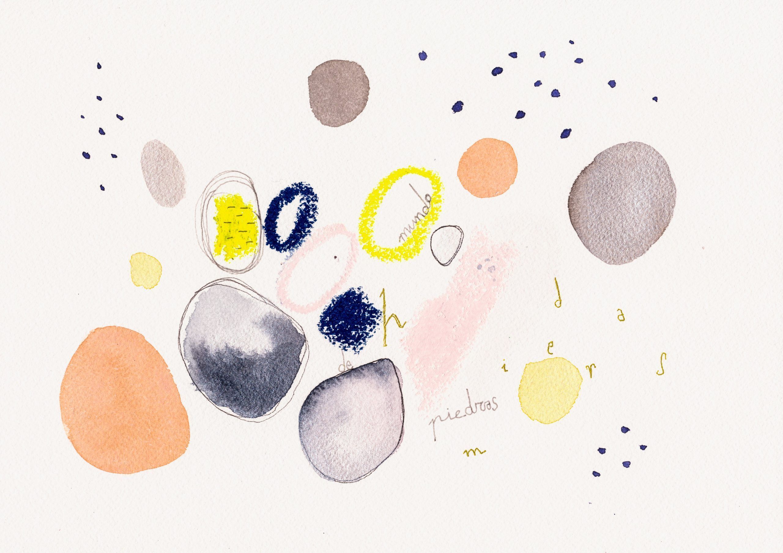 Acuarela abstracta moderna original con colores azul, amarillo, dorado titulada "Mundo de piedras" de emegrande