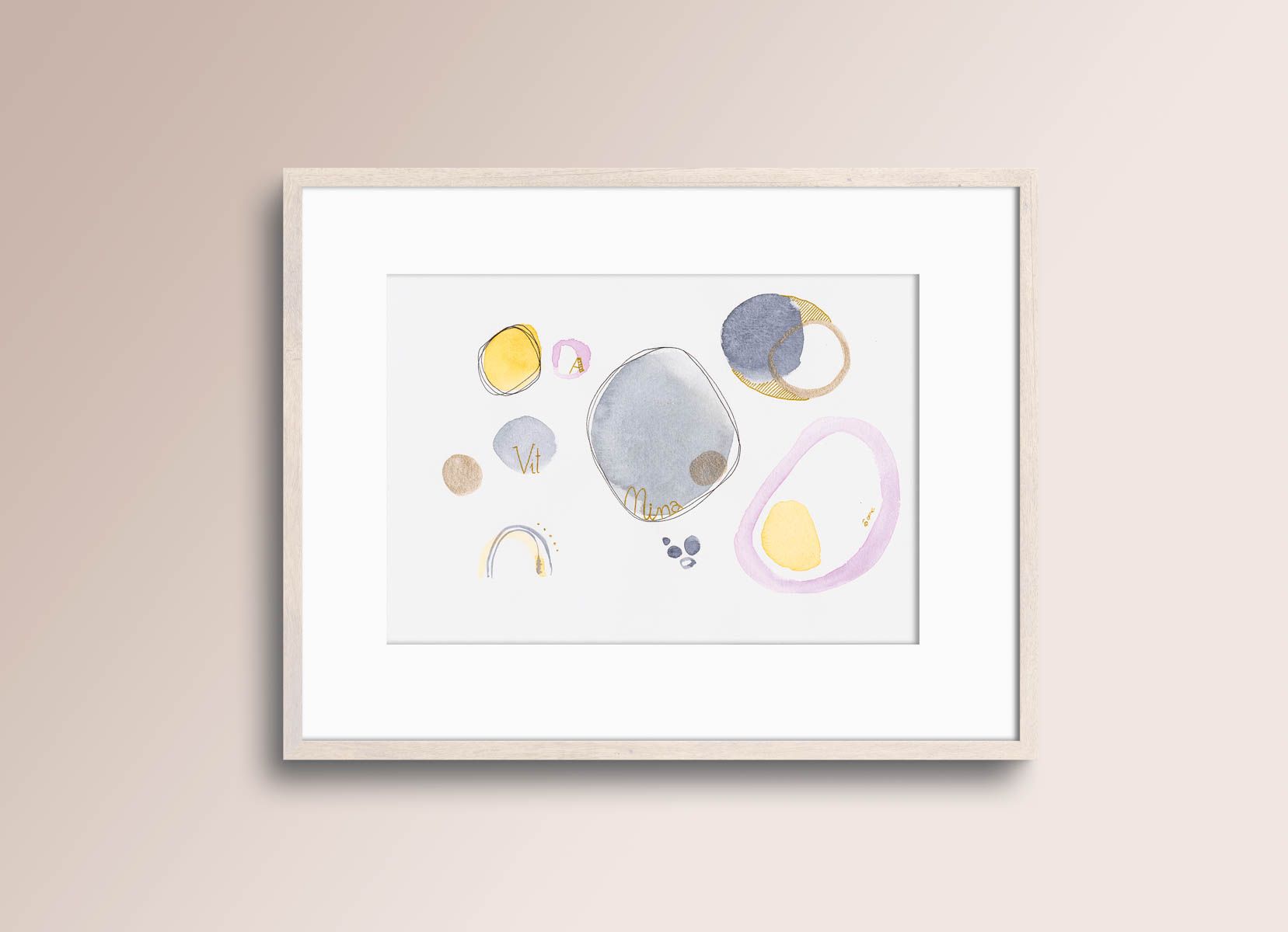 Acuarela abstracta moderna original con color azul, amarillo y dorado titulada "Vitamina" de emegrande. Decoración de pared.
