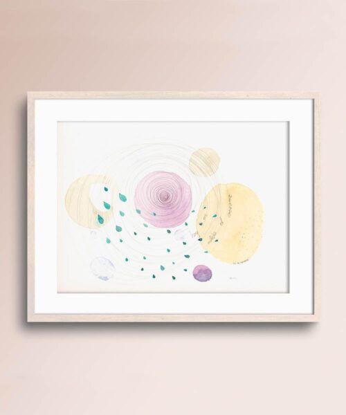 Acuarela abstracta moderna original con colores morados y amarillos titulada "Estrujas el corazón" de emegrande.
