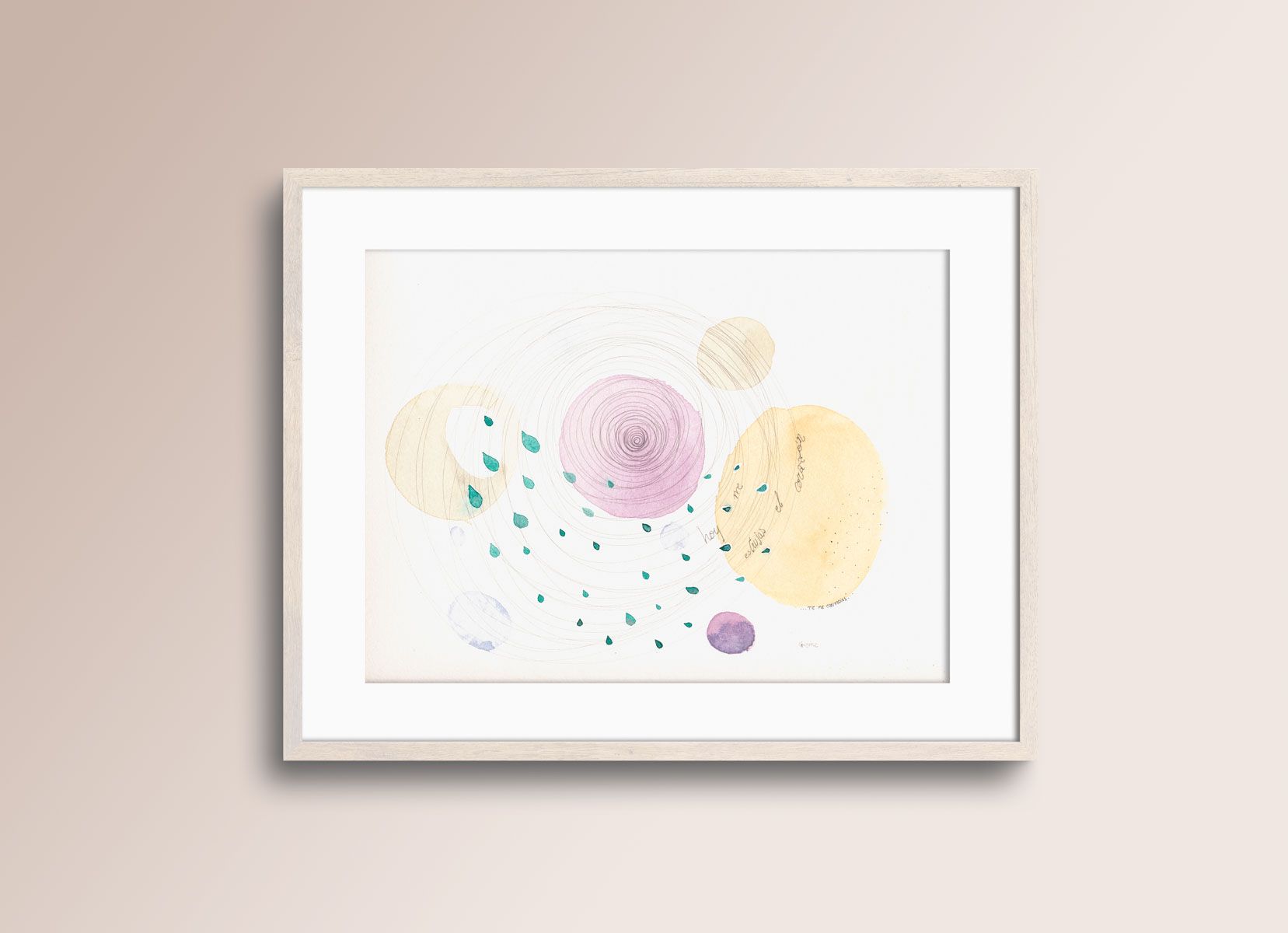 Acuarela abstracta moderna original con colores morados y amarillos titulada "Estrujas el corazón" de emegrande.