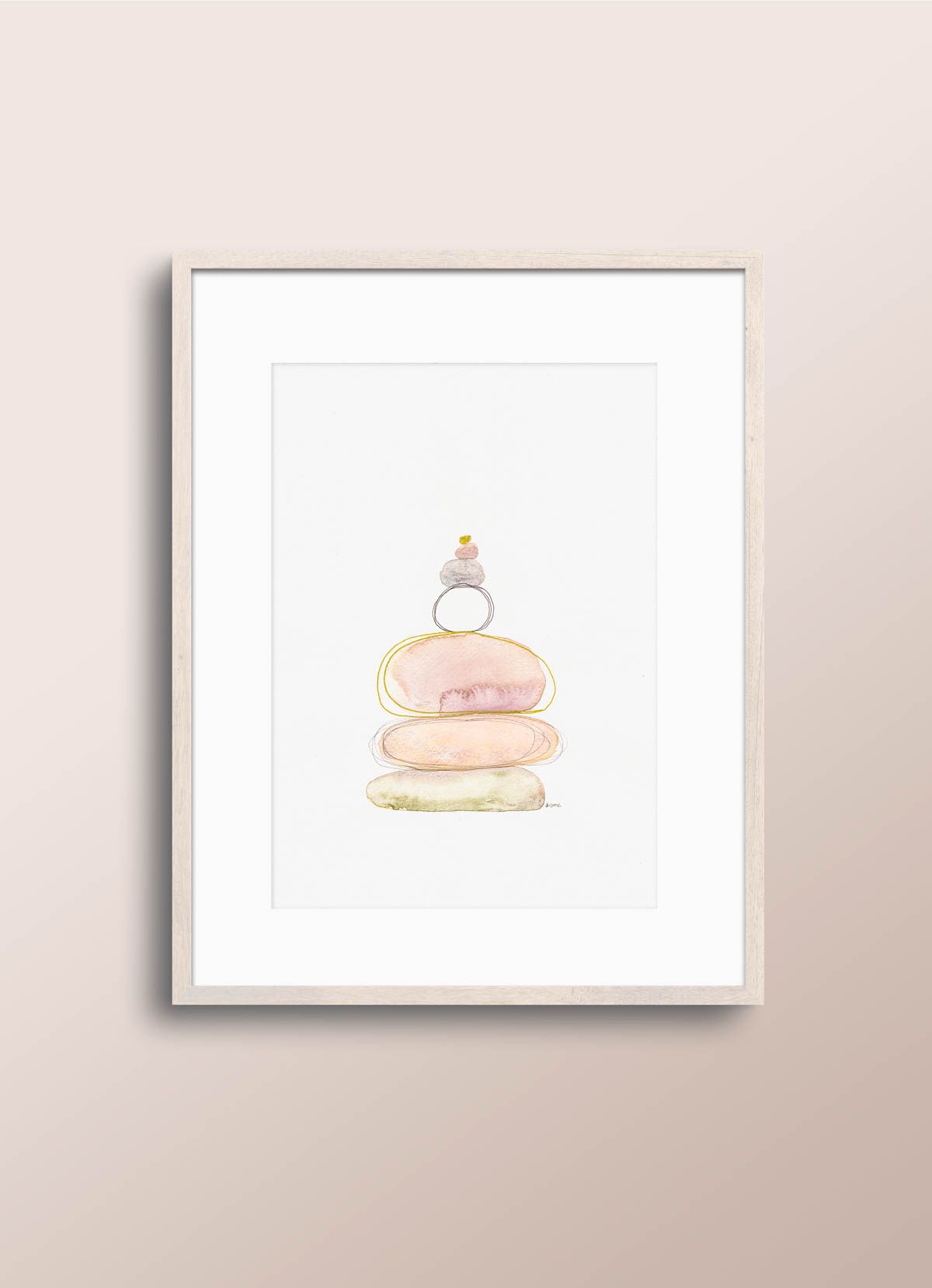 Acuarela abstracta moderna original con colores pastel y dorados de la serie piedras titulada "Rock balance II" de emegrande. Decoración de pared.