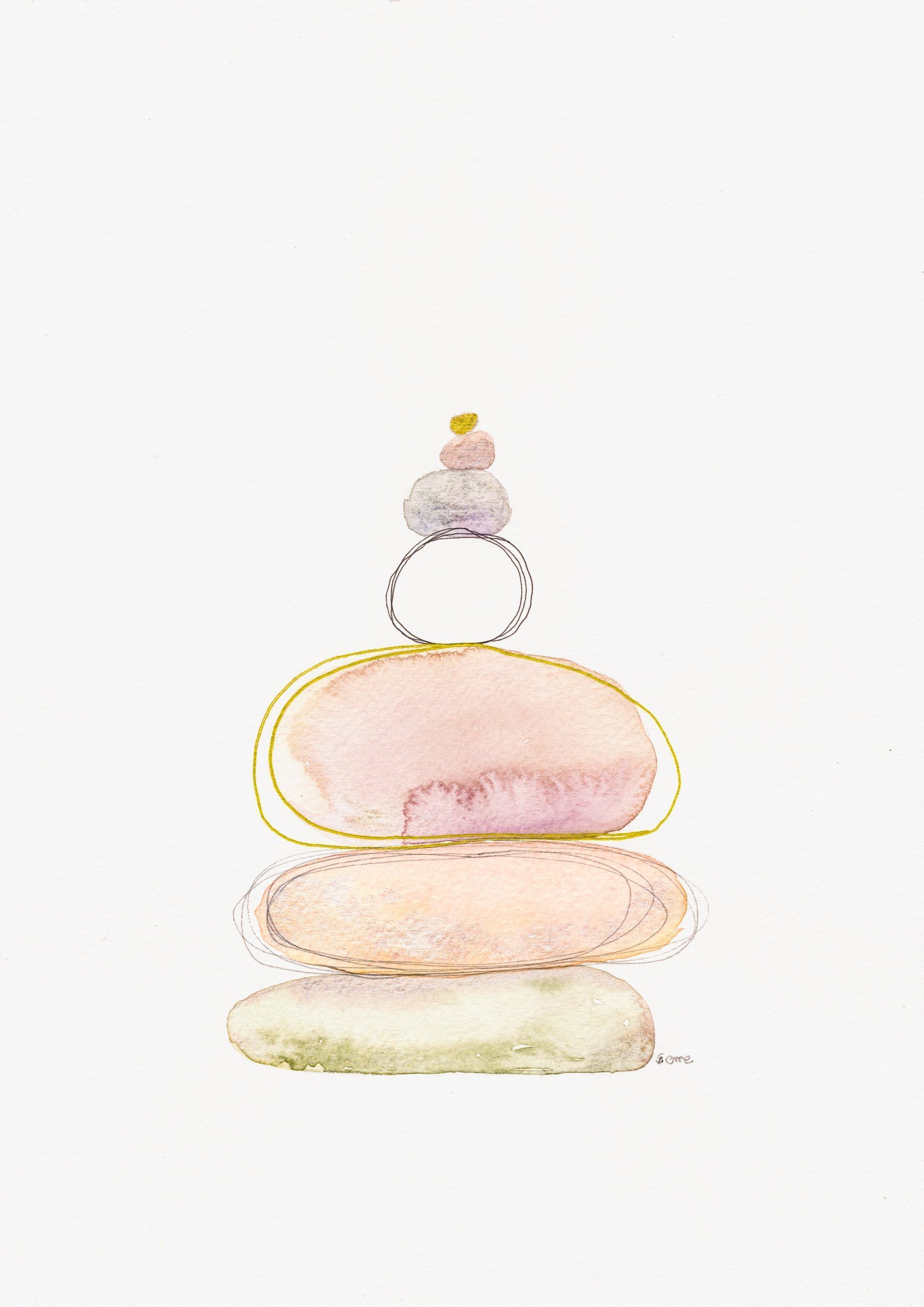 Acuarela abstracta moderna original con colores pastel y dorados de la serie piedras titulada "Rock balance II" de emegrande