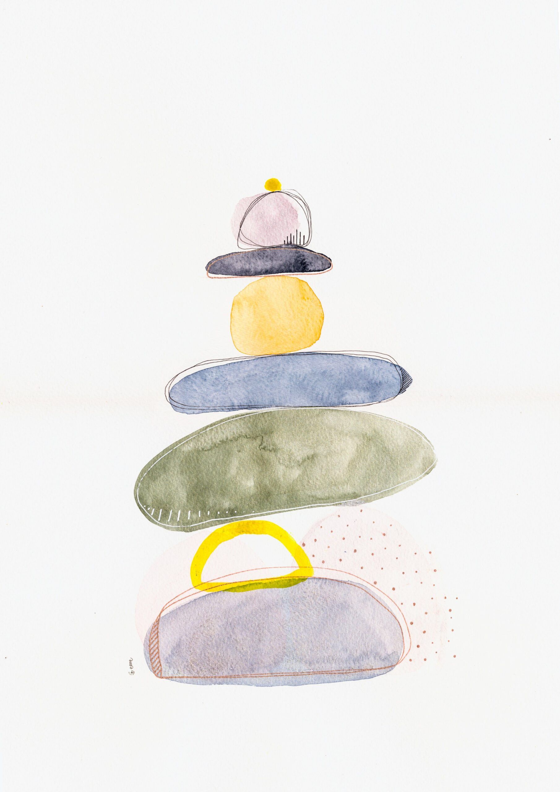 Acuarela moderna original piedras con colores azul verde y amarillo titurada "Rock balance aro amarillo I" de emegrande.