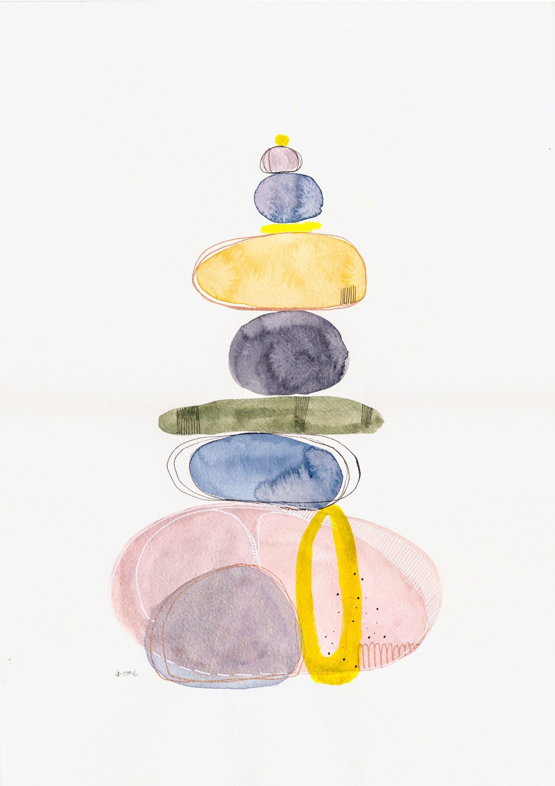 Acuarela moderna original piedras con colores azul verde y amarillo titurada "Rock balance aro amarillo II" de emegrande.