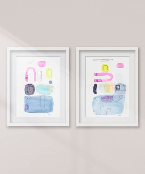 conjunto de 2 acuarelas abstractas modernas original con colores rosas azules y verde titulada "Arcos Rosas" de emegrande