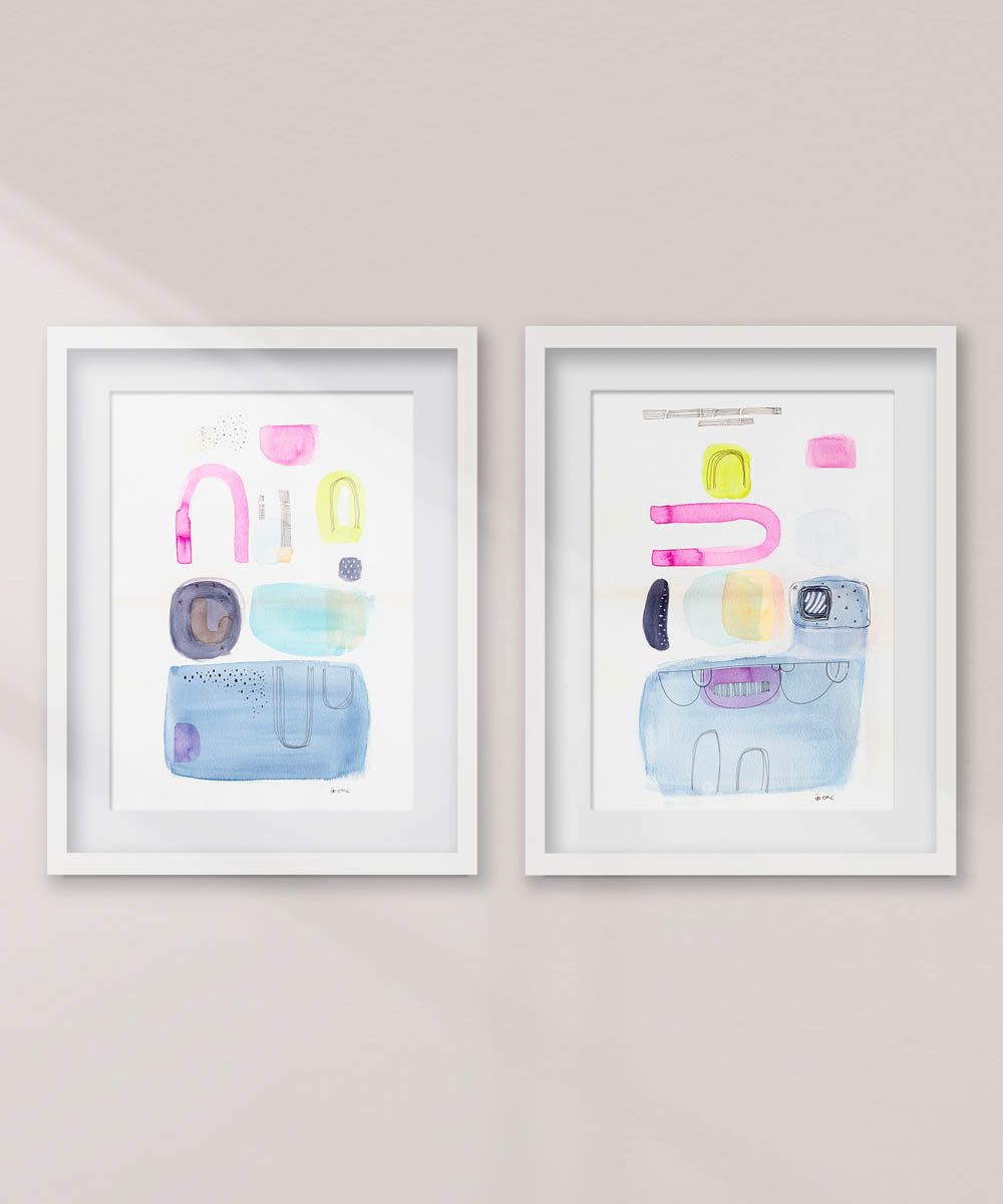 conjunto de 2 acuarelas abstractas modernas original con colores rosas azules y verde titulada "Arcos Rosas" de emegrande