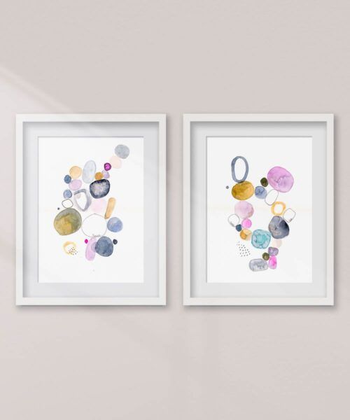 comprar conjunto de 2 acuarelas abstractas modernas original con color gris, verde, azul y negro titulada "Meanwhile y Mientras tanto" de emegrande.