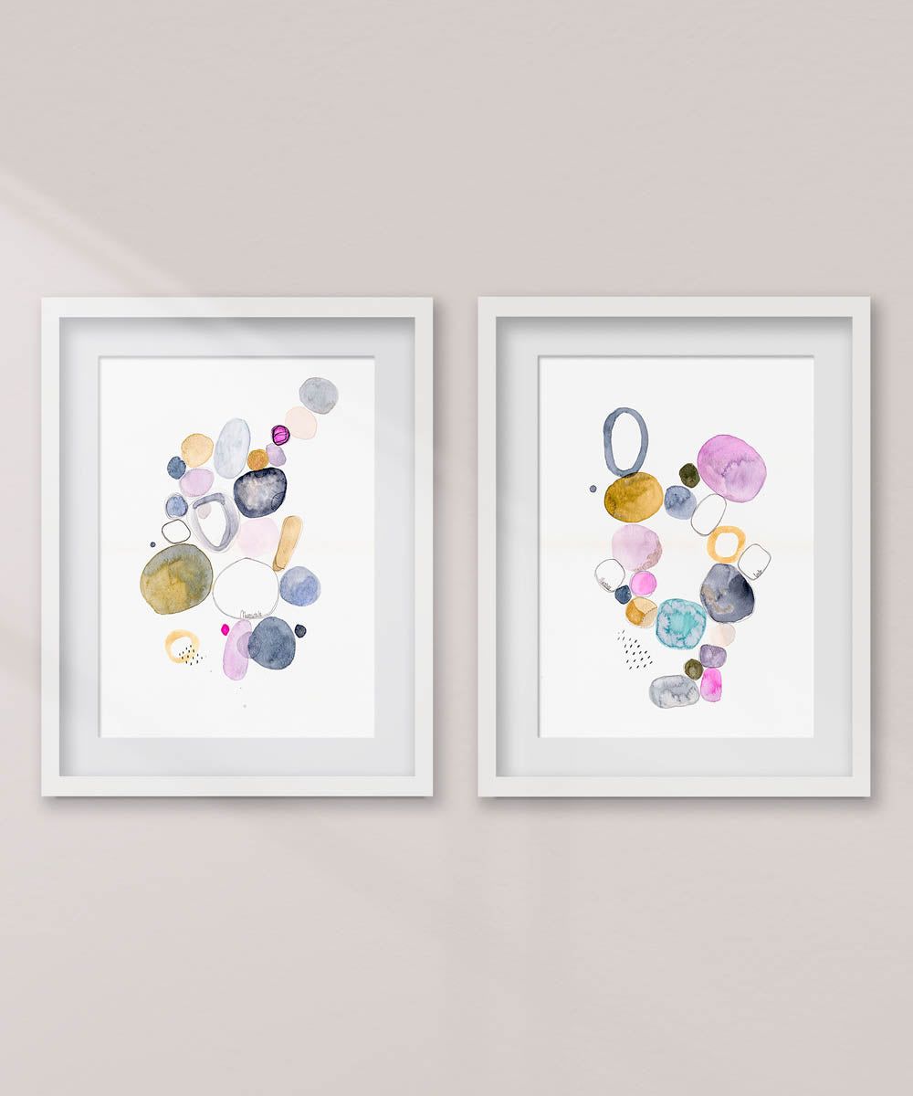 comprar conjunto de 2 acuarelas abstractas modernas original con color gris, verde, azul y negro titulada "Meanwhile y Mientras tanto" de emegrande.