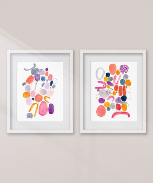 conjunto de 2 acuarela abstracta moderna original con colores naranja morado y gris titulada "Flows Fluye" de emegrande