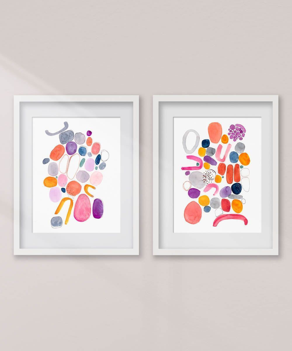 conjunto de 2 acuarela abstracta moderna original con colores naranja morado y gris titulada "Flows Fluye" de emegrande