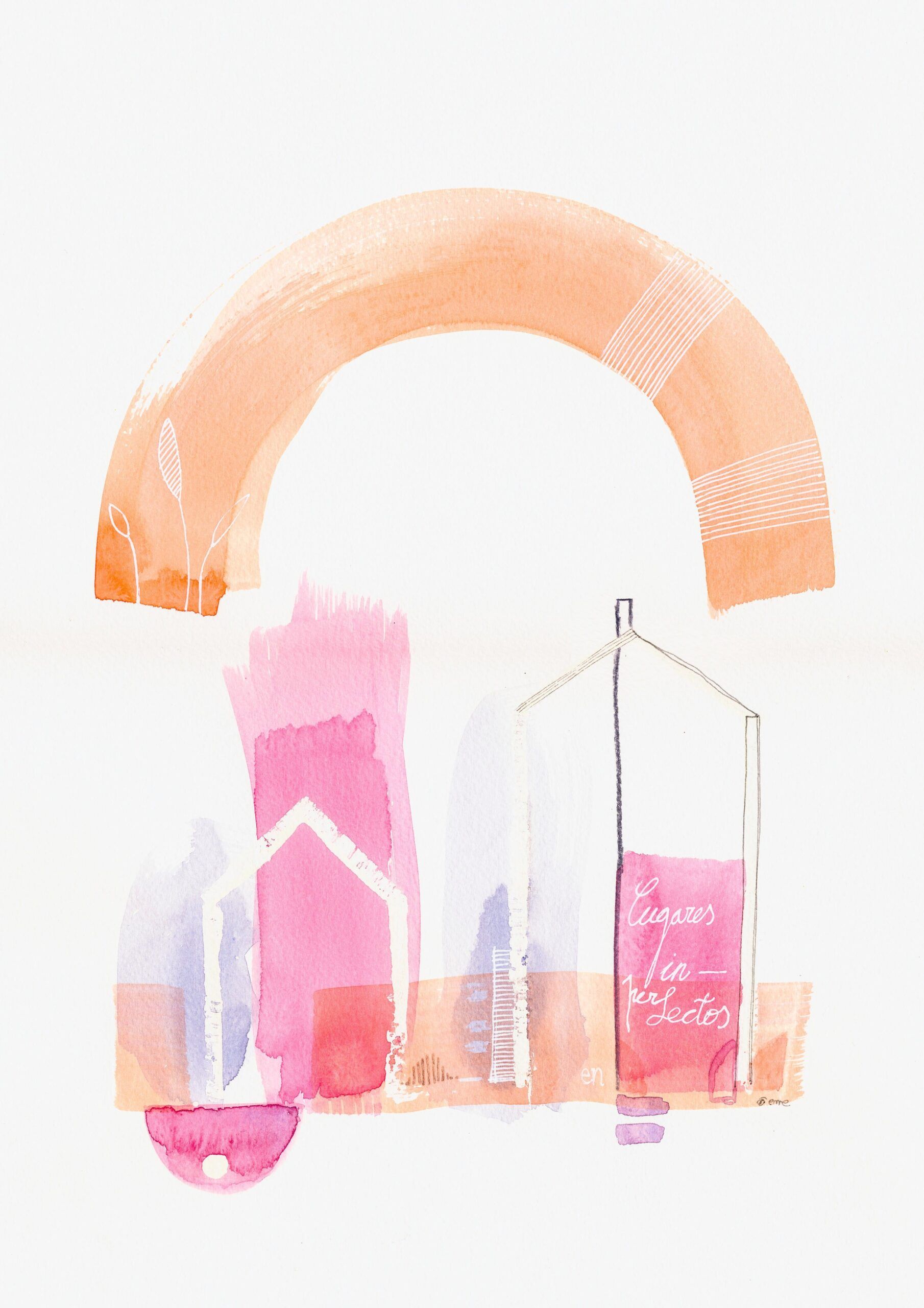 Cuadros acuarelas abstractas modernas originales con colores naranjas y rosas titulada "creciendo / growing up" de emegrande