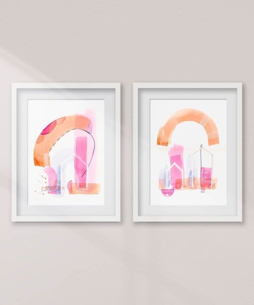conjunto de 2 cuadros en acuarela abstracta moderna original con colores naranjas y rosas titulada "creciendo / growing up" de emegrande