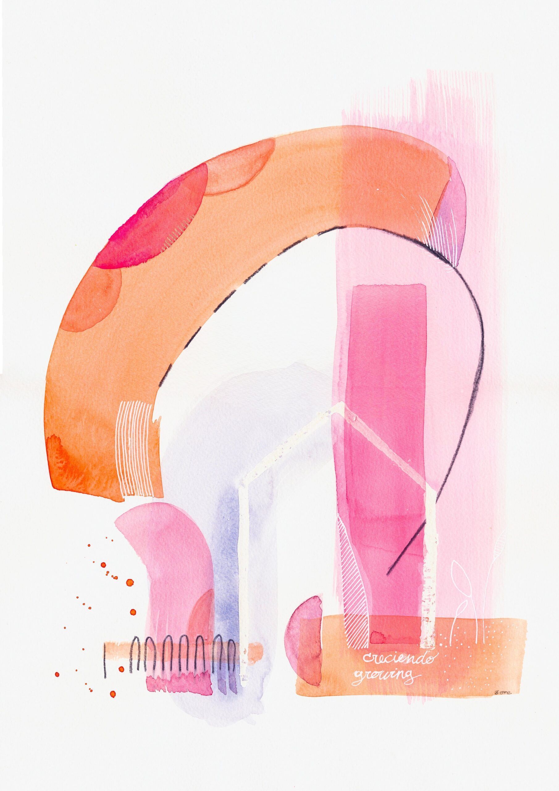 conjunto de 2 cuadros en acuarela abstracta moderna original con colores naranjas y rosas titulada "creciendo / growing up" de emegrande