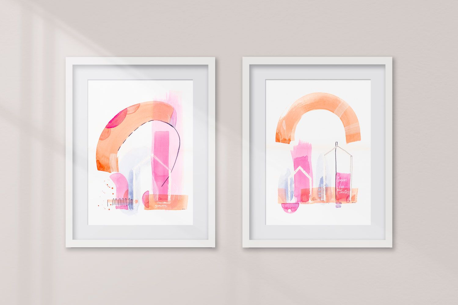 conjunto de 2 cuadros en acuarela abstracta moderna original con colores naranjas y rosas titulada "creciendo / growing up" de emegrande