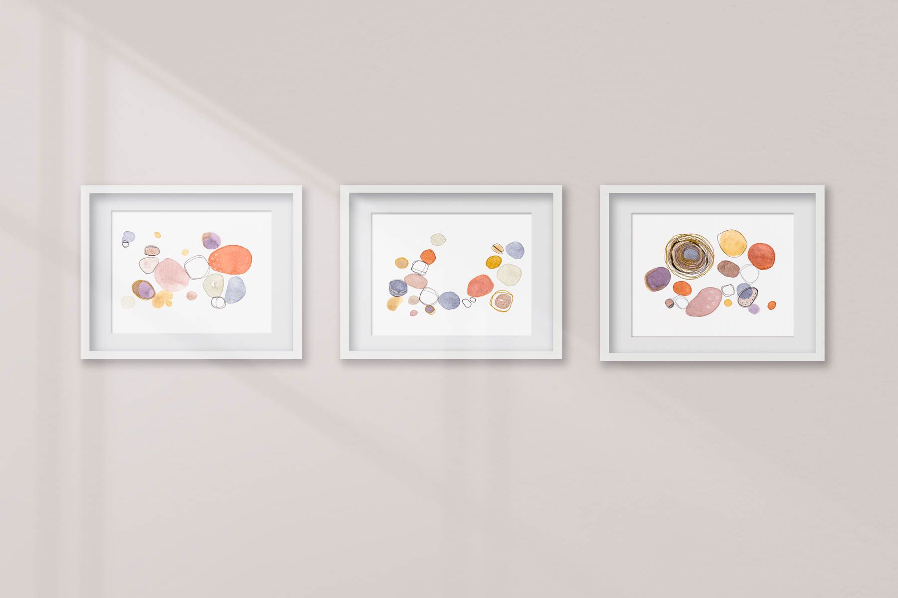 Conjunto de 3 acuarelas abstracta moderna original con colores naranjas, azules y neutros titulada "Terracota" de emegrande. Decoracion para pared.