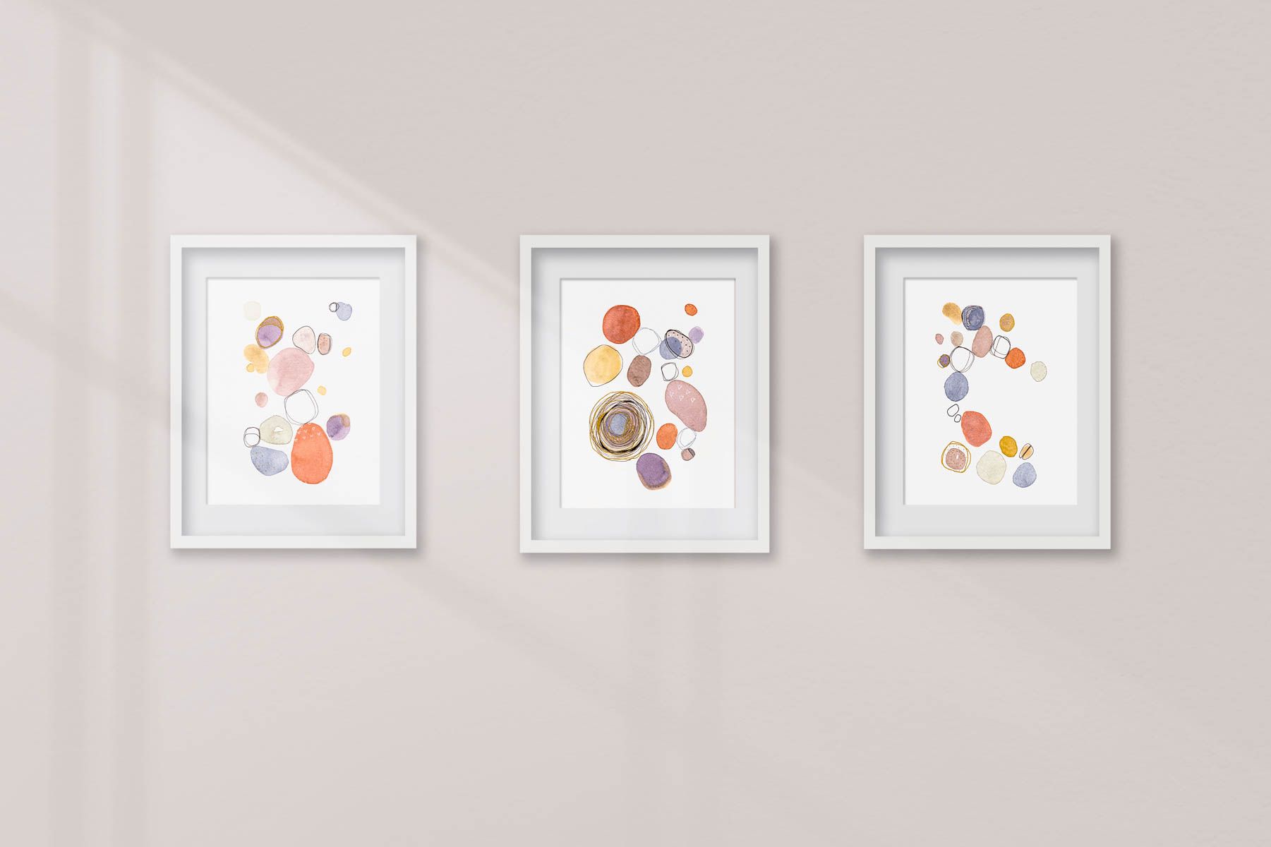 Conjunto de 3 acuarelas abstracta moderna original con colores naranjas, azules y neutros titulada "Terracota" de emegrande. Decoracion para pared.