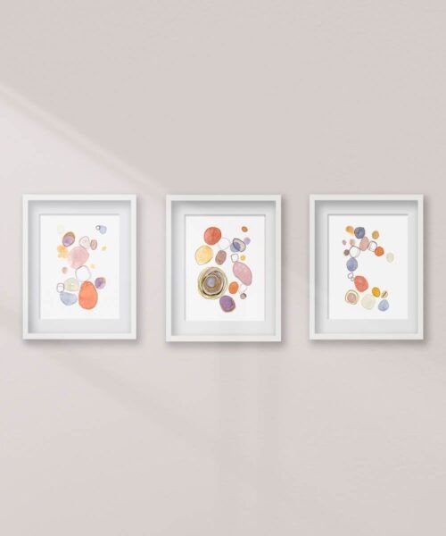 Conjunto de 3 acuarelas abstracta moderna original con colores naranjas, azules y neutros titulada "Terracota" de emegrande. Decoracion para pared.