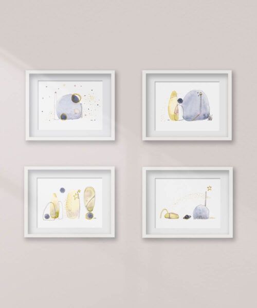 conjunto de 4 acuarelas abstractas modernas originales con colores azul verde negro titulada "Los tres" de emegrande