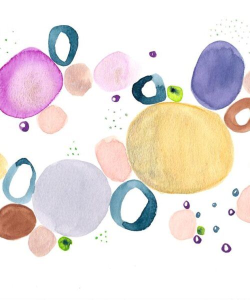 Acuarela abstracta moderna original con color azul, rosa y dorado titulada "esparcidas" de la artista emegrande. Obra de arte para decoración de pared