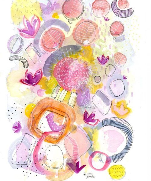 Acuarela abstracta moderna original con color azul, rosa y naranja titulada "Motivos vegetales" de la artista emegrande. Obra de arte para decoración