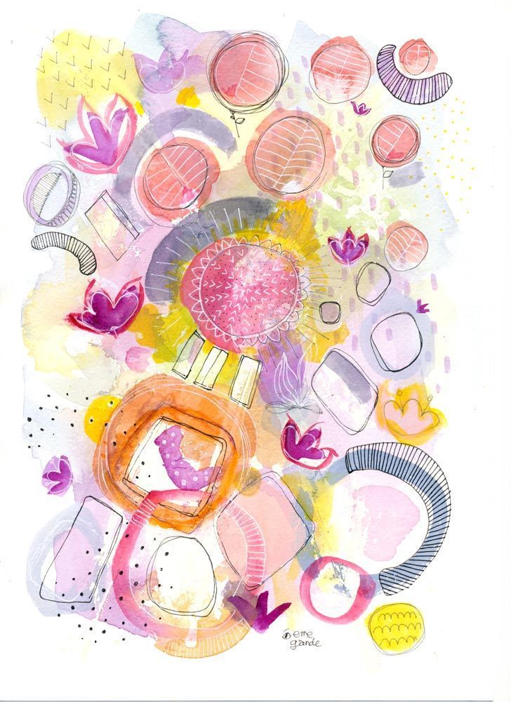 Acuarela abstracta moderna original con color azul, rosa y naranja titulada "Motivos vegetales" de la artista emegrande. Obra de arte para decoración