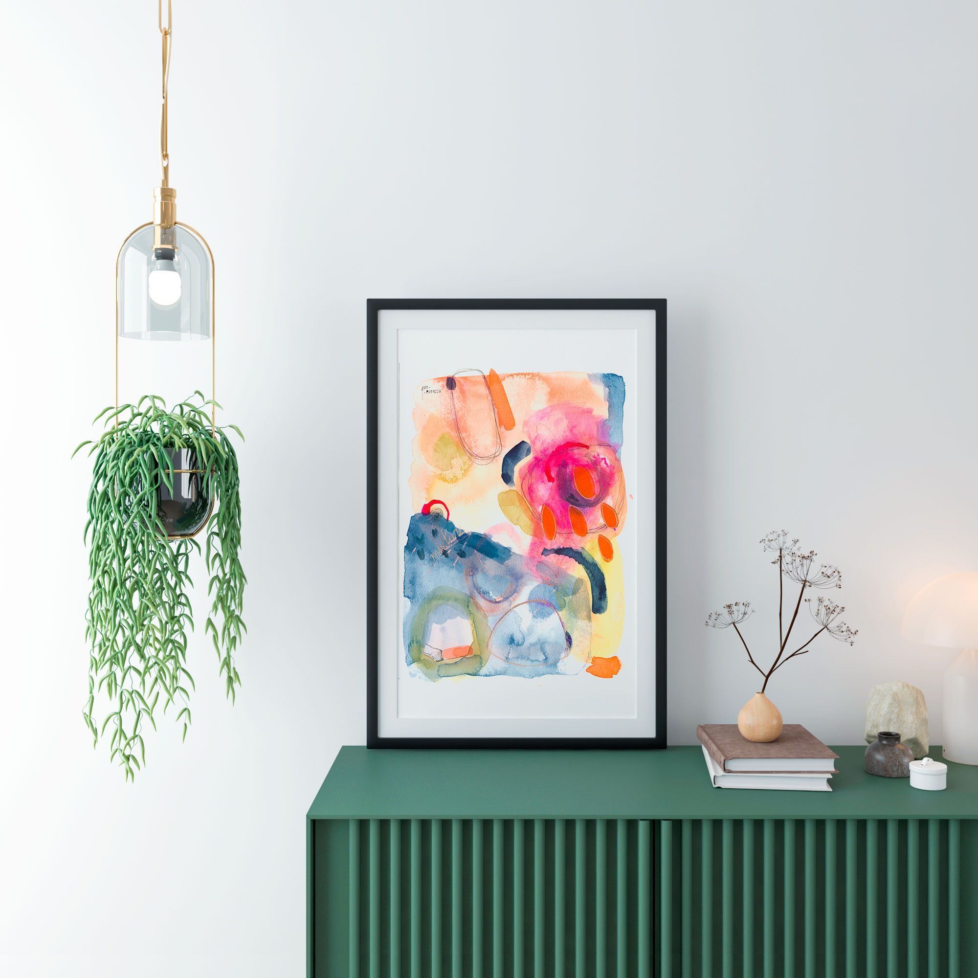 Acuarela abstracta moderna original con color azul, rosa y naranja titulada "Gotas naranjas" de la artista emegrande. Obra de arte para decoración de casa