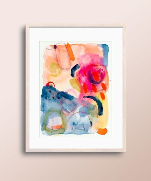 Acuarela abstracta moderna original con color azul, rosa y naranja titulada "Gotas naranjas" de la artista emegrande. Obra de arte para decoración de pared