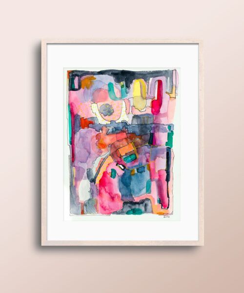 Acuarela abstracta moderna original con color azul, rosa y naranja titulada "urbano" de la artista emegrande. Obra de arte para decoración de pared