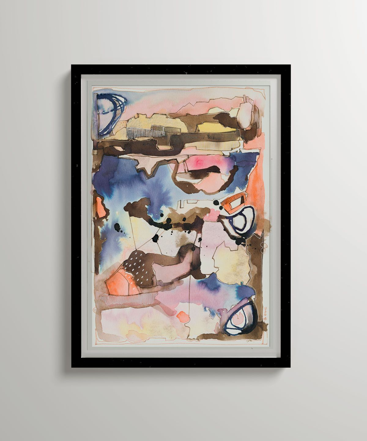 Acuarela abstracta moderna original con color gris, azul, y amarillo titulada "Geografía urbana" de la artista emegrande. Obra de arte para decoración de pared