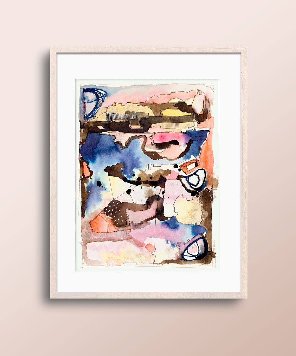 Acuarela abstracta moderna original con color gris, azul, y amarillo titulada "Geografía urbana" de la artista emegrande. Obra de arte para decoración de pared