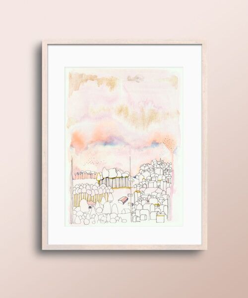 Paisaje en acuarela ilustración moderna original en colores negro rosa y dorado titulada "Casas junto al bosque" de emegrande