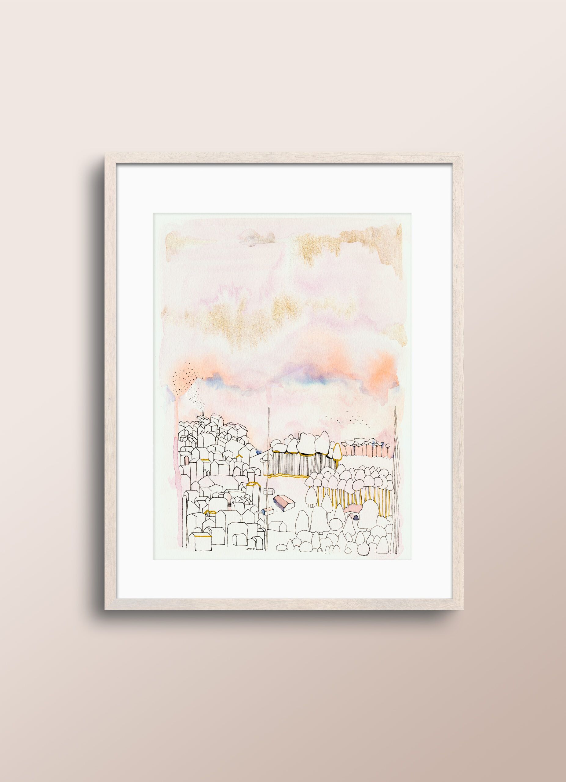 Paisaje en acuarela ilustración moderna original en colores negro rosa y dorado titulada "Casas junto al bosque" de emegrande enmarcada en una pared