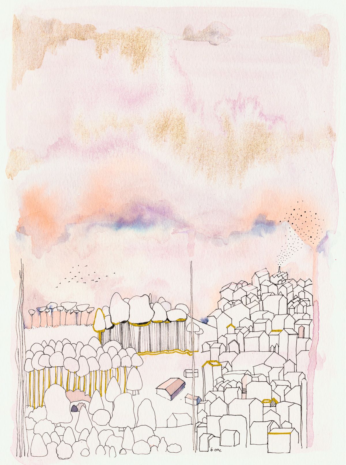 Paisaje en acuarela ilustración moderna original en colores negro rosa y dorado titulada "Casas junto al bosque" de emegrande