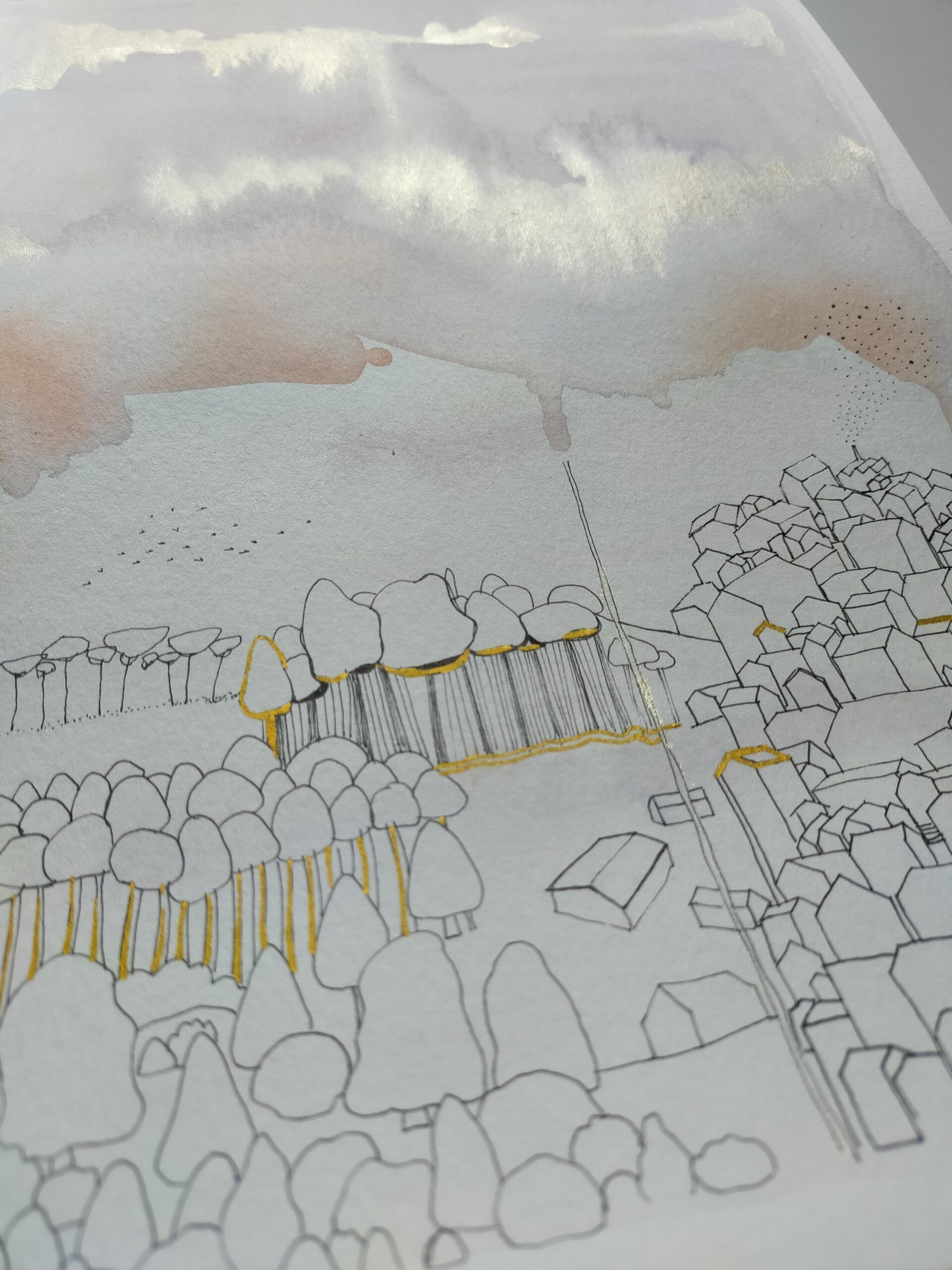 detalle en acuarela de paisaje en ilustración moderna original en colores negro rosa y dorado titulada "Casas junto al bosque" de emegrande