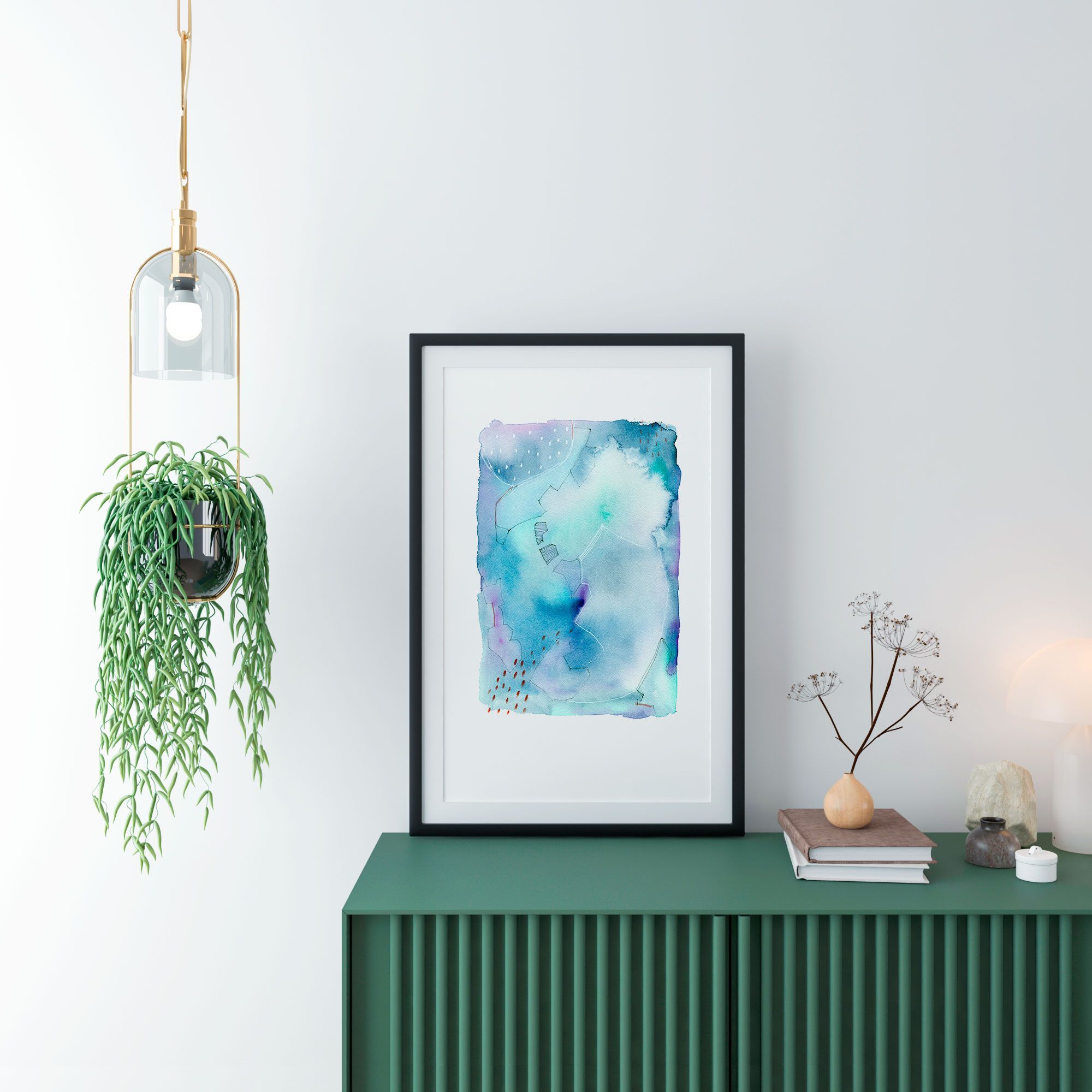 Acuarela abstracta moderna original con color azul y negro titulada "Cruzando aguas" de la artista emegrande. Obra de arte para decoración de recibidor