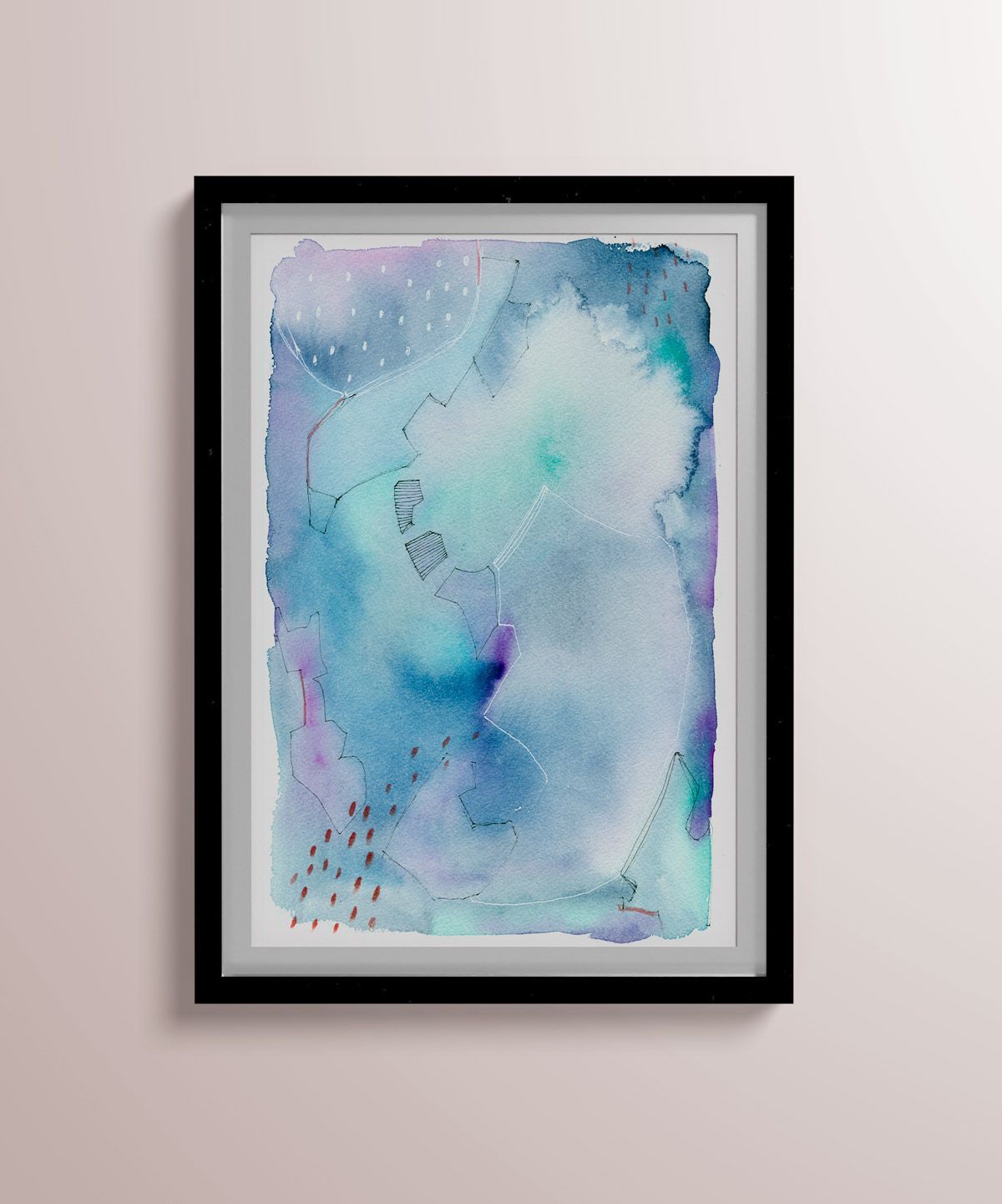 Acuarela abstracta moderna original con color azul y negro titulada "Cruzando aguas" de la artista emegrande. Obra de arte enmarcada y colgada sobre pared