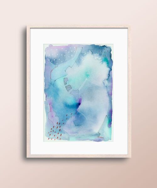 Acuarela abstracta moderna original con color azul y negro titulada "Cruzando aguas" de la artista emegrande. Obra de arte enmarcada y colgada sobre pared