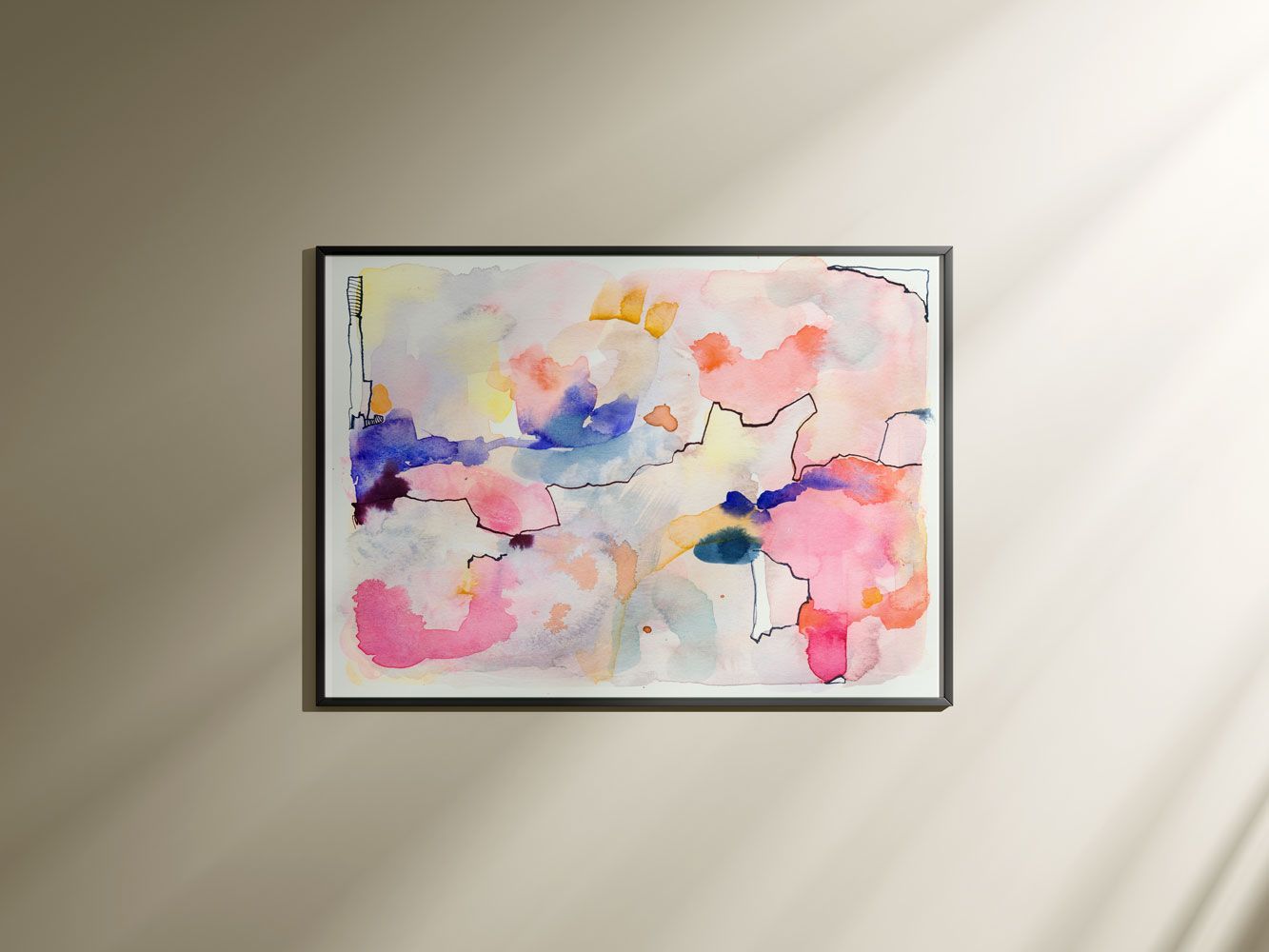 Acuarela abstracta moderna original con color azul, rosa y naranja titulada "Cota" de la artista emegrande. Obra de arte para decoración de pared