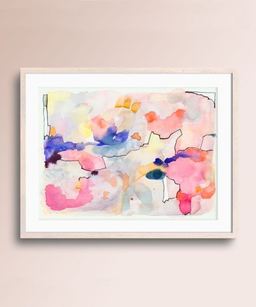 Acuarela abstracta moderna original con color azul, rosa y naranja titulada "Cota" de la artista emegrande. Obra de arte para decoración