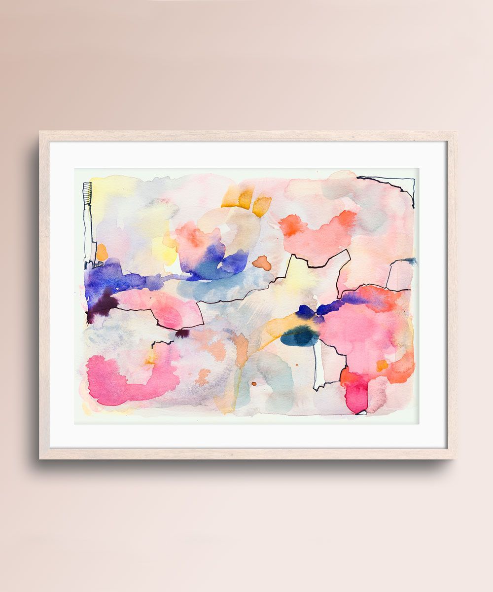 Acuarela abstracta moderna original con color azul, rosa y naranja titulada "Cota" de la artista emegrande. Obra de arte para decoración