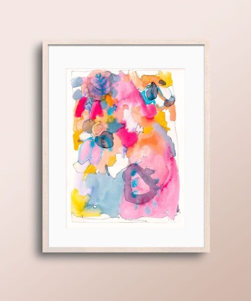 Acuarela abstracta moderna original con color azul, rosa y naranja titulada "Huecos" de la artista emegrande. Obra de arte para decoración
