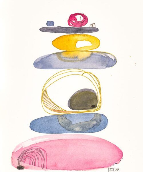 Acuarela abstracta moderna original con colores azul, amarillo y rosa, de la serie piedras. Obra titulada "Balance rápido" de emegrande.