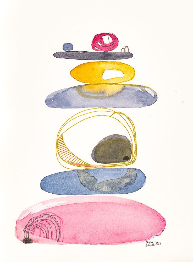Acuarela abstracta moderna original con colores azul, amarillo y rosa, de la serie piedras. Obra titulada "Balance rápido" de emegrande.